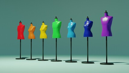 虹色に並ぶトルソーマネキン　斜め視点　男女　3DCG　アパレル　アート