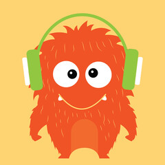 Cute little monster wearing headphone to listening music cartoon vector illustration.