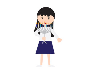 Jewish girl holding Hanukkah menorah on White background