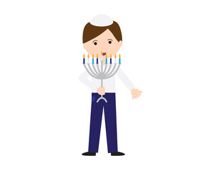 Jewish boy holding Hanukkah menorah on White background