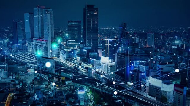 Modern city aerial view and communication network concept. Smart city. 5G. IoT.