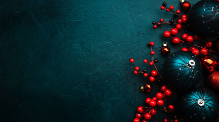 Blue Christmas or New Year banner background with blue Christmas balls, red berries, top view,...