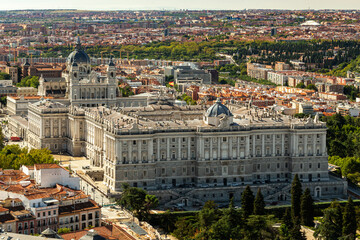 Fototapeta na wymiar Madrid, Spain- October 5, 2021: Aerial view of the Royal Palace of Madrid. Urban landscape. Spanish Royal House
