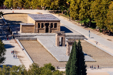 Madrid, Spain- October 5, 2021: Aerial view of the Temple of Debod in Madrid. Parks of Madrid. Old buildings