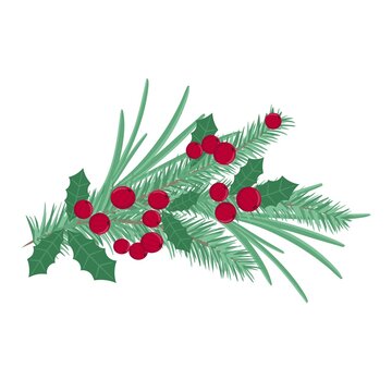Spruce branch decorated with red berries and holly. New Year's spruce natural bouquet. Pine decoration for cards and banners, vector illustration.