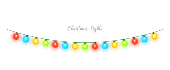 Christmas lights isolated. Colorful Xmas garland. Vector glowing light bulbs on wire strings. 