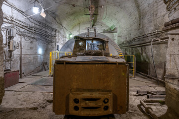 Fototapeta na wymiar Special underground electric locomotive, electric transport for transporting ore in the mine