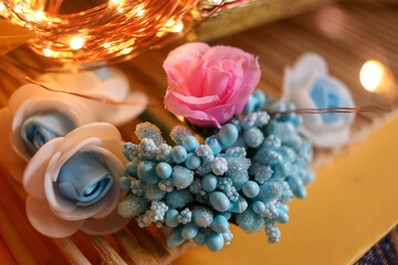Lights and Bouquet of Beautiful Flowers. Romantic Blue and Pink Roses. Rose Flowers For Greeting Card. Wallpaper 