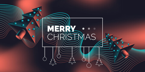 merry christmas creative wallpaper  design with 3d geometric spruce trees abstract waves on dark background vector illustration