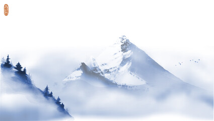 Fototapeta premium Blue misty mountains hand drawn with ink. Traditional oriental ink painting sumi-e, u-sin, go-hua.