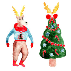 Watercolor cute cartoon christmas deer in warm sweater dancing  near christmas tree celebrating winter holidays.