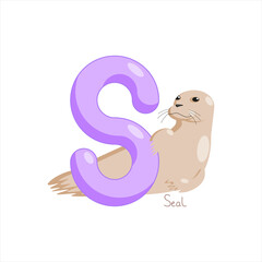 Letter S. Children's alphabet, cute seal. Vector illustration for learning English.