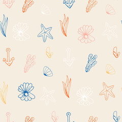 pattern seamless  sea elements seaweed seashells hand drawn sketch