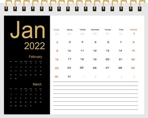 2022 Calendar Planner Design. Monthly scheduler. Week starts on Sunday. JANUARY 2022. Vector illustrator.