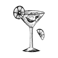 sketch glass hand drawn black and white cocktail sketch - obrazy, fototapety, plakaty