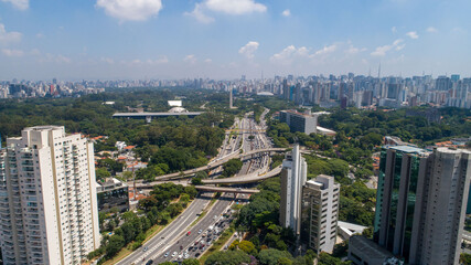 Obraz premium Aerial view of the city of São Paulo, Brazil. In the neighborhood of Vila Clementino, Jabaquara, south side. Aerial drone photo. Avenida 23 de Maio in the background