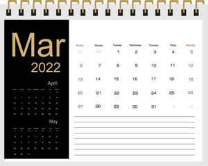 2022 Calendar Planner Design. Monthly scheduler. Week starts on Sunday. MARCH 2022. Vector illustrator.