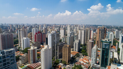 Naklejka premium Aerial view of the city of São Paulo, Brazil. In the neighborhood of Vila Clementino, Jabaquara, south side. Aerial drone photo. Avenida 23 de Maio in the background