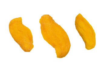 Dry tasty mango slices isolated on a white background.