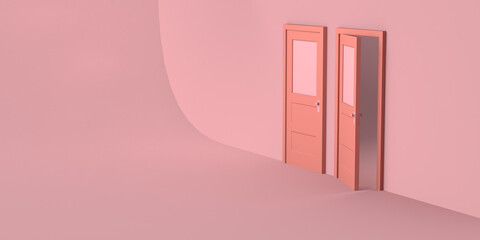 Closed door and open door on pink background. Copy space. 3D Illustration.