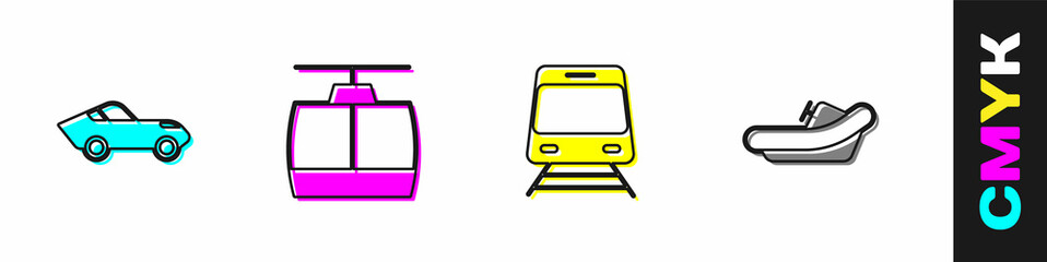 Set Car, Cable car, Train and railway and Rafting boat icon. Vector © Vadim