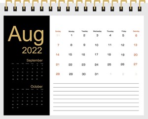 2022 Calendar Planner Design. Monthly scheduler. Week starts on Sunday. AUGUST 2022. Vector illustrator.
