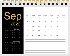 2022 Calendar Planner Design. Monthly scheduler. Week starts on Sunday. SEPTEMBER 2022. Vector illustrator.