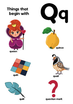 Things that start with the letter Q. Educational, vector illustration for children.