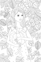 Fototapeta na wymiar cute girl holding pumpkin surrounded by falling leaves. autumn s