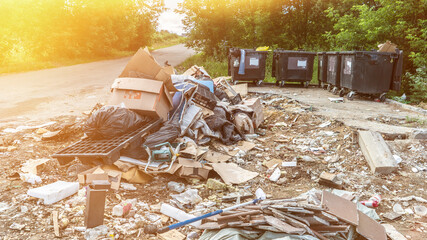 Garbage pile in trash dump or landfill. Pollution, environment protection concept. Environmental...