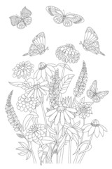 bunch of wild ornate flowers and flying butterflies for your col
