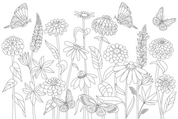 field of wild ornate flowers and flying butterflies for your col