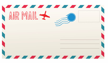 air mail letter vector. post stamp. airmail frame postcard. blue red stripes pattern. mockup template envelope. on white background. retro vintage blank message. world international label 