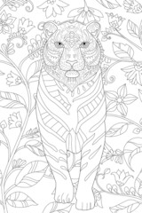 tiger standing in fancy flowering forest for your coloring book