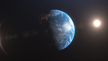 Obraz na płótnie Canvas Luz del sol iluminando la tierra. Planeta tierra en el espacio con fondo oscuro. 