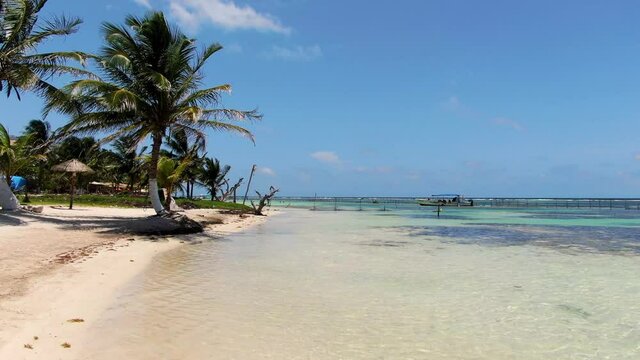 Virgin unspoiled Caribbean beach aerial drone view. Golden sun bright light over sandy beaches make up an awesome tropical landscape. Spectacular holiday destination tourist center. Mahahual is a vil