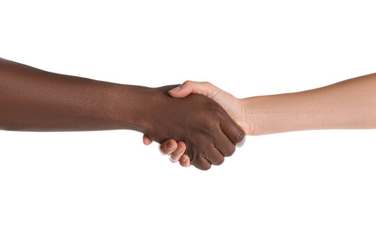 Woman and African American man shaking hands on white background, closeup
