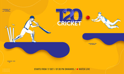 T20 Cricket Watch Live Banner Design With Batsman, Bowler Character In Playing Pose On Yellow Background.