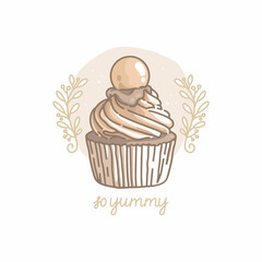 Hand-drawn vector illustration. Outline drawing and lettering "so yummy". Cupcake with round caramel candy. Chocolate ganache,  buttercream. Twigs of a plant with curls, a round shape with texture.