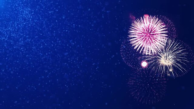 Beautiful colourful Fireworks Shiny Display at Night Loop Background. For 4th of July, festival, Anniversary, Celebration, Party, New Year, Happy Birthday, Wedding, Confetti, Diwali, Christmas.