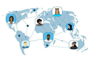 Global social network connection. User avatars on a map.People connecting together, learning or meeting online.Remote work.Global communication scheme.Infographics.