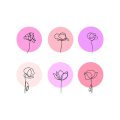 Set of  icons. Hand-drawn outline flowers in minimalistic style with the pink circles on the background. 