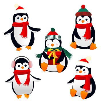 Set of cute christmas cartoon penguins cub
