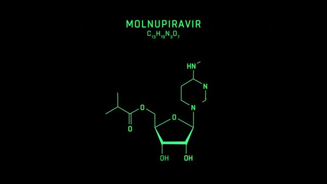Molnupiravir Skeletal Formula or Molecular Structure Symbol Neon Animation on black background