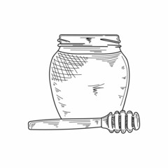 Drawing, engraving, ink, line art, vector illustration jar with delicious fresh honey sketch in silhouette on a white background.