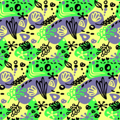 Bright background with scribbled characters. Hawaiian theme, abstraction. The color spots are yellow, green, lilac, black. Background for postcards, printing. Vector image.