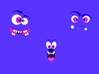 Cute cartoon faces. On a purple background. cartoon monster 