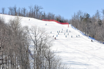 People skiing down the hill in winter 
