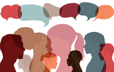 Silhouette heads faces of multicultural business people with speech bubble. Concept for expressing opinions evaluations and feedback. Communication and conversation between diverse people