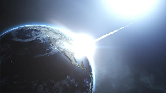 Asteroid strike over Earth. 3D Animation of Meteor Impact causing apocalypse.